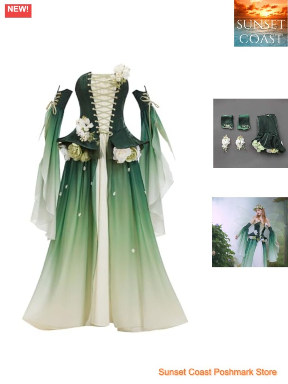 Medieval Renaissance Fairy Costume Set with Skirt Sleeves Brooches
